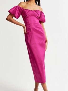 NWT Abercrombie & Fitch fuchsia off-Shoulder Puff Sleeve Midi Dress in Hot pink